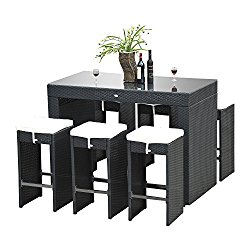 Outsunny 7pc Rattan Wicker Bar Stool Dining Table Set – Black