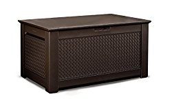 Rubbermaid 1859930 Outdoor Deck Box Storage Bench with Dark Teak Basket Weave Design