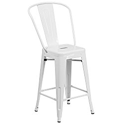 24” High White Metal Indoor-Outdoor Counter Height Stool with Back