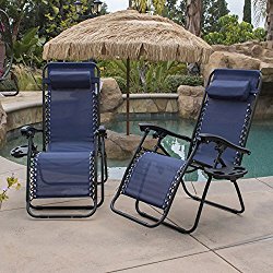 Belleze Zero Gravity Chair Recliner Patio Pool Chair Cup Holder, Utility Tray (2 PACK) – Navy Blue