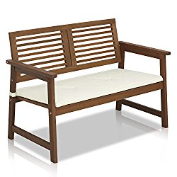 Furinno Tioman Hardwood Outdoor Bench in Teak Oil with White Cushion