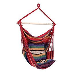 Hammock Swing Chair – Hanging Rope Chair Portable Porch Seat With Two Cushions for Bedroom, Patio, Travel, Camping, Garden, Indoor, Outdoor Support Kids and Adults up to 265 Pounds (Red)