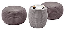 Keter 3 Piece Compact Indoor/Outdoor Table & 2 Seating Poufs Cozy Urban Knit Furniture Set