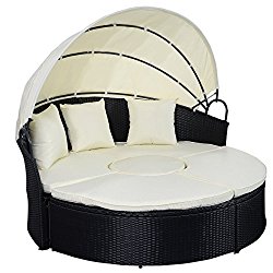 Outdoor Patio Sofa Furniture Round Retractable Canopy Daybed Black Wicker Rattan with Cushions Up to 300 LBS