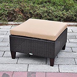 Outdoor Patio Wicker Ottoman Seat with Cushion, All Weather Resistant Foot Rest Stool Coffee Table, Easy to Assemble (Brown)