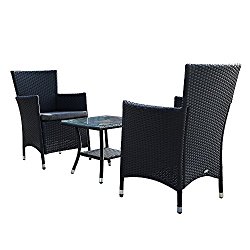 PATIOROMA 3PC Patio Outdoor Rattan Furniture Set Cushioned Garden Table and Chairs with Gray Cushions, Black PE Wicker