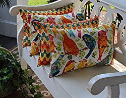 Set of 4 Indoor / Outdoor Decorative Lumbar / Rectangle Pillows – 2 Ash Hill Orange Blue Yellow Garden Birds & 2 Flame Stitch