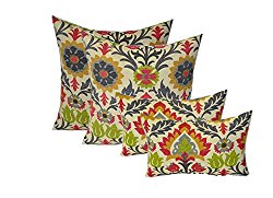 Set of 4 Indoor / Outdoor Pillows – 17″ Square Throw Pillows & 11″ x 19″ Rectangle / Lumbar Decorative Throw Pillows – Raspberry, Gray, Orange, Green Ornate Floral