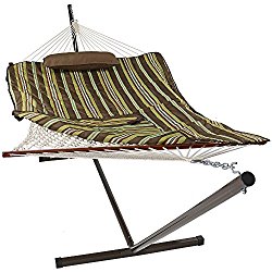Sunnydaze Desert Stripe Cotton Rope Hammock with 12 Foot Steel Stand, Pad and Pillow—275 Pound Capacity