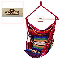 The Original Club Fun Hanging Hammock Rope Chair For Indoor Outdoor Kids and Adults 265 lbs Seating for Patio, Bedroom, Dorm, Porch, Tree In Red and Multi-Colored Stripes