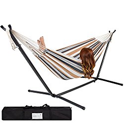 Best Choice Products Double Hammock With Space Saving Steel Stand Includes Portable Carrying Case, Desert Stripe