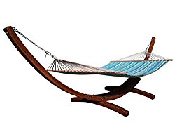 Petra Leisure 14 Ft. Teak Wooden Arc Hammock Stand + Quilted Teal/Yellow Color, Double Padded Hammock Bed. 2 Person Bed. 450 LB Capacity.
