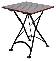 Mobel Designhaus French Café Bistro Folding Table, Jet Black Frame, 24″ x 24″ x 29″ Height, Square European Chestnut Wood Slat Top with Walnut Stain