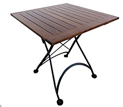 Mobel Designhaus French Café Bistro Folding Table, Jet Black Frame, 32″ x 32″ x 29″ Height, Square European Chestnut Wood Slat Top with Walnut Stain