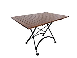 Mobel Designhaus French Café Bistro Folding Table, Jet Black Frame, 32″ x 48″ x 29″ Height, Rectangular European Chestnut Wood Slat Top with Walnut Stain