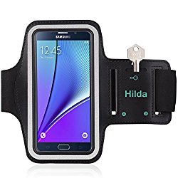 Galaxy Note 5 Armband,Samaung Galaxy Note 5 Armband,by Hilda,Feartured with Sport Scratch-Resistant Material,Slim Lightweight,Dual Arm-Size Slots,Sweat Resistant&Key Pocket,with Headphone Ports[Black]
