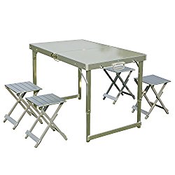 AceLife Aluminum Folding Portable Camping Table with Parasol Hole and 4 Folding Stools