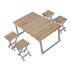 Outsunny Height Adjustable Folding Outdoor Picnic Table w/ 4 Seats – Natural Wood and Silver