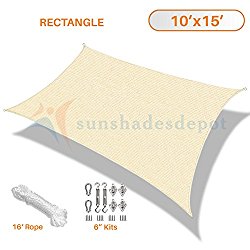 Sunshades Depot 10′ x 15′ Beige Sun Shade Sail with 6 Inch Hardware Kit – Rectangle UV Block Durable Fabric Outdoor Canopy – Custom Size Available