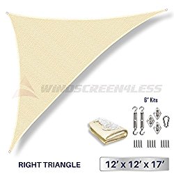 Windscreen4less 12′ x 12′ x 17′ Right Triangle Sun Shade Sail with 6 inch Hardware Kit – Beige Durable UV Shelter Canopy for Patio Outdoor Backyard – Custom Size Available