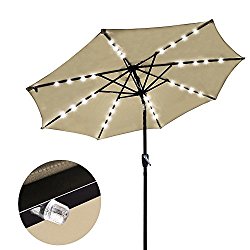 Yescom 9′ Beige Outdoor Patio Garden Deck Aluminium Umbrella w/ 32 Solar Powered LED Crank Tilt UV30