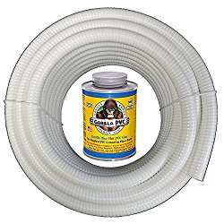 HydroMaxx 25 Feet x 2 Inch White Flexible PVC Pipe, Hose, Tubing for Pools, Spas and Water Gardens. Includes Free 4oz Can of Hot Blue PVC Gorilla Glue!