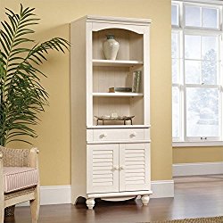 Sauder Harbor View Library with Doors, Antiqued White Finish