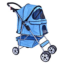 BestPet Blue 4 Wheels Pet Stroller Cat Dog Cage Stroller Travel Folding Carrier 04T