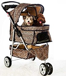 NEW Extra Wide Leopard Skin 3 Wheels Pet Dog Cat Stroller With RainCover