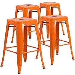 4 Pk. 30” High Backless Orange Metal Indoor-Outdoor Barstool with Square Seat