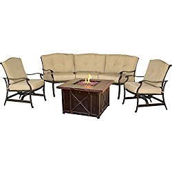 Hanover Outdoor Furniture TRADDURA4PCFP Traditions 4 Piece Conversation Set with 40″ Durastone Fire Pit