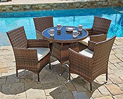 Suncrown Outdoor Furniture All-Weather Wicker Round Dining Table and Chairs (5-Piece Set) Washable Cushions | Patio, Backyard, Porch, Garden, Poolside | Tempered Glass Tabletop | Modern Design