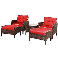 Tangkula 5 PCS All-Weather Wicker Furniture Set Sofas with Ottoman Outdoor Furniture (Red)