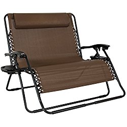 Best Choice Products Folding 2 Person Oversized Zero Gravity Lounge Chair W/ 2 Accessory Trays Outdoor Patio Beach Brown