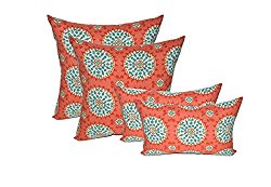 Set of 4 Indoor / Outdoor Pillows – 17″ Square Throw Pillows & Rectangle / Lumbar Decorative Throw Pillows – Red, Coral, Turquoise Sundial