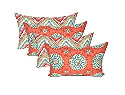Set of 4 Indoor / Outdoor Decorative Lumbar / Rectangle Pillows – 2 Bright Colorful Watermelon Chevron & 2 Coral Turquoise Sundial