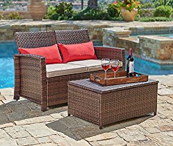 Suncrown Outdoor Furniture Wicker Love-seat with Coffee Table (2-Piece Set) Built-In Storage Bin | Comfortable, All-Weather Cushions | Patio, Backyard, Porch, Garden, Poolside
