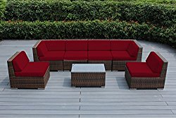 Genuine Ohana Outdoor Patio Sofa Sectional Wicker Furniture Mixed Brown 7pc Couch Set (Sunbrella Red)