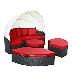 LexMod Quest Circular Outdoor Wicker Rattan Patio Daybed with Canopy, Espresso Red