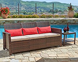 Suncrown Outdoor Furniture Patio Sofa Couch (Seats 3) Garden, Backyard, Porch or Pool | All-Weather Wicker with Thick Cushions | Modern Open-Back Weaving | Easy to Assemble