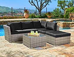 Suncrown Outdoor Furniture Sectional Sofa (4-Piece Set) All-Weather Grey Checkered Wicker with Black Washable Seat Cushions & Glass Coffee Table | Patio, Backyard, Pool | Waterproof Cover & Clips