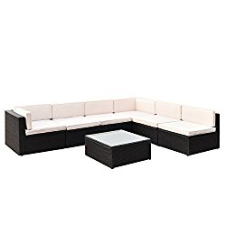 Tangkula 7 PCS Wicker Furniture Set Sectional Sofas Garden Patio Home Furniture (Black wicker)