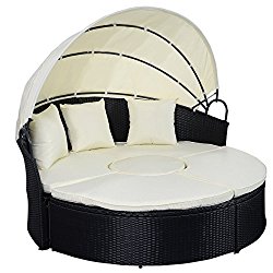 Tangkula Daybed Patio Sofa Furniture Round Retractable Canopy Wicker Rattan Outdoor