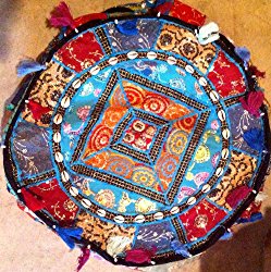 Large Round Ethnic Vintage Indian Pouf/ Ottoman (Multi Color Blue)