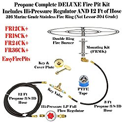 FR18CK+: DIY 18″ Complete DELUXE LP Fire Pit Kit 316 Stainless, Key Valve Contols, reg & 3′ & 12′ Hoses; Lifetime Burners all 316 Stainless (not Lessor 304). See EasyFirePits.com Gallery!