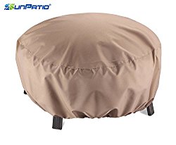 SunPatio Outdoor Round Fire Pit Cover, Kettle Cover, Ottoman Cover, 32″Diax14″H, Lightweight, Water Resistant, Eco-Friendly, All Weather Protection, Beige