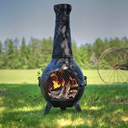 Blue Rooster – ALCH001GK-CH – Grape Leaf Cast Aluminum Chiminea w/Gas Kit – Charcoal – Large