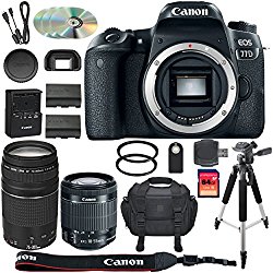 Canon EOS 77D DSLR Camera + 18-55mm STM + 75-300mm III Lens + Spare LP-E17 Battery + Two Ultraviolet Filters + 64GB SDXC Card + SLR Bag + Remote + Tripod & More – International Version