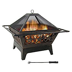 Northern Galaxy Square Wood-Burning Fire Pit, 32 Inch, with Cooking Grate and Spark Screen by Sunnydaze Decor