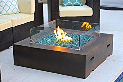 42″ x 42″ Square Modern Concrete Fire Pit Table w/ Glass Guard and Crystals in Brown by AKOYA Outdoor Essentials (Caribbean Blue)
